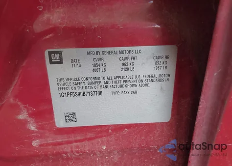 2011 Chevrolet Cruze 1Lt из США, поврежденный, VIN 1G1PF5S90B7137786